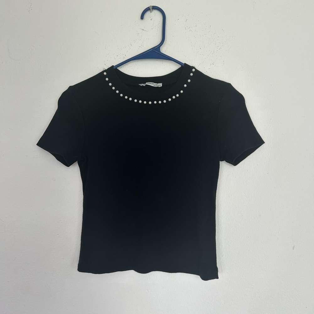 Zara Trf Top Black Pearl Collar Ribbed